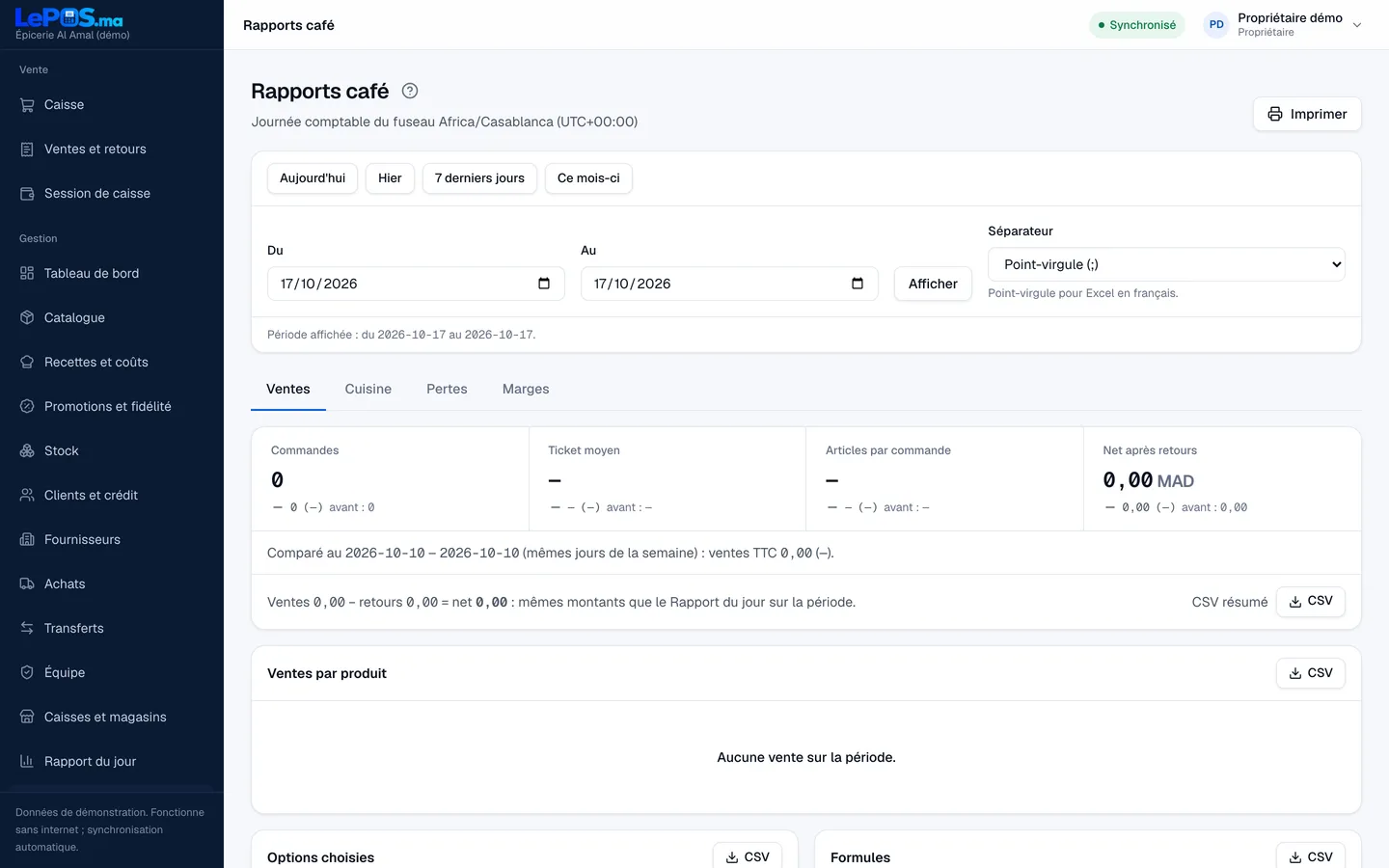Rapports café : commandes, ticket moyen, articles par commande, net après retours, comparaison avec la semaine précédente et ventes par produit.